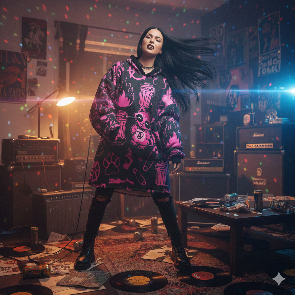 Punk Raccoon Pattern Hooded Blanket | Pink Trash Panda, Anarchy Icons