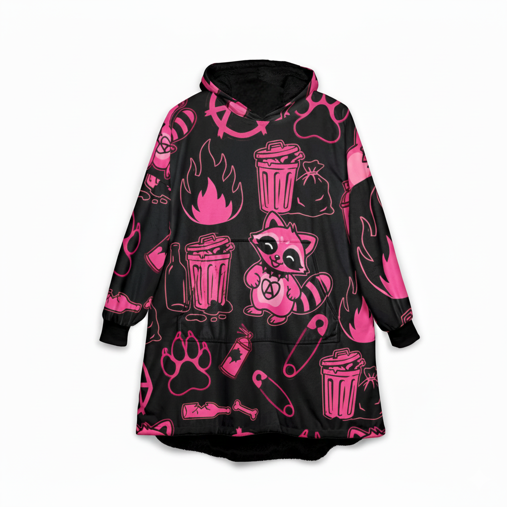 Punk Raccoon Pattern Hooded Blanket | Pink Trash Panda, Anarchy Icons